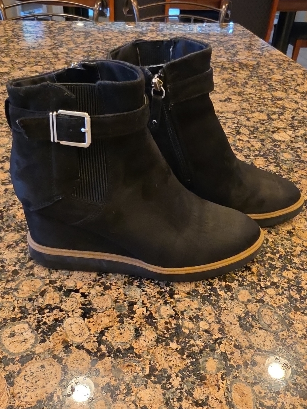 Dr. Scholl's Black Suede Wedge Ankle Boots with Buckle Detail